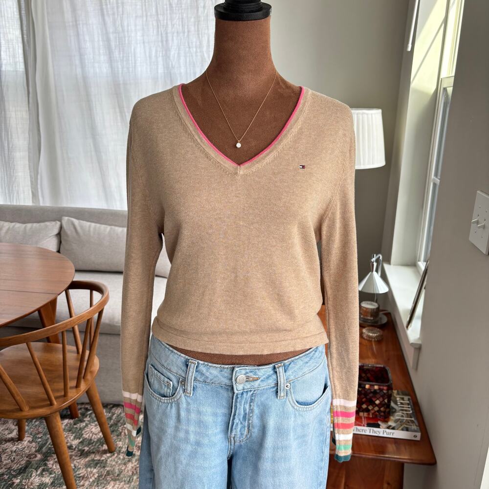 Tommy Hilfiger Tan Cotton V-Neck Sweater Pink Stripe Trim Long Sleeve Medium